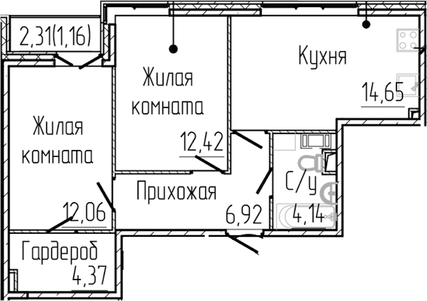 2-комнатная квартира 55.72 м², 2/8 эт., ЖК «SERTOLOVO PARK»